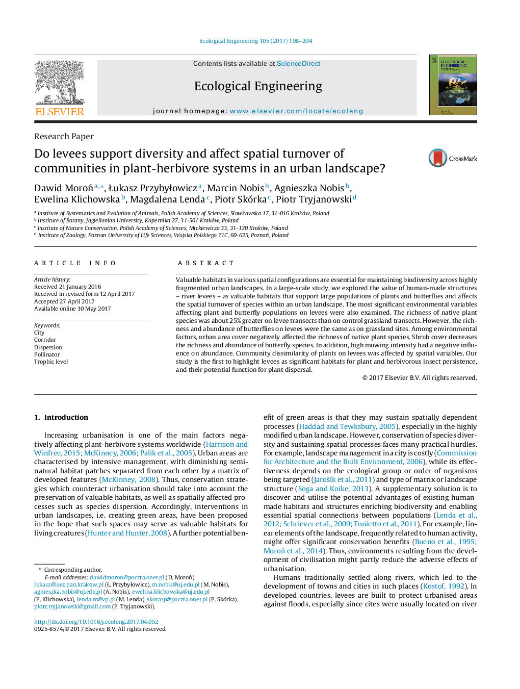 Research PaperDo levees support diversity and affect spatial turnover of communities in plant-herbivore systems in an urban landscape?