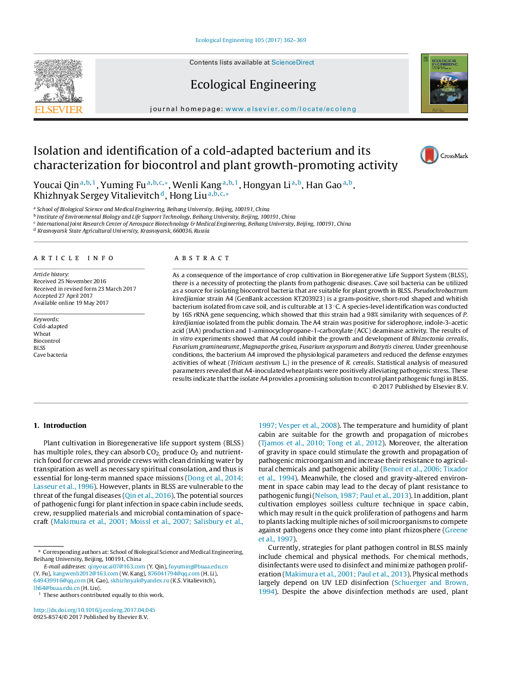 Isolation and identification of a cold-adapted bacterium and its characterization for biocontrol and plant growth-promoting activity