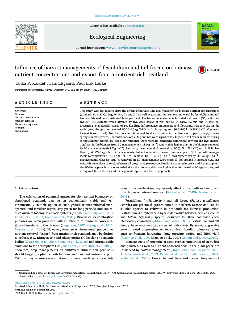 Influence of harvest managements of festulolium and tall fescue on biomass nutrient concentrations and export from a nutrient-rich peatland