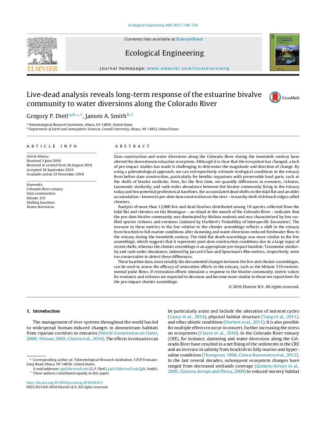 Live-dead analysis reveals long-term response of the estuarine bivalve community to water diversions along the Colorado River