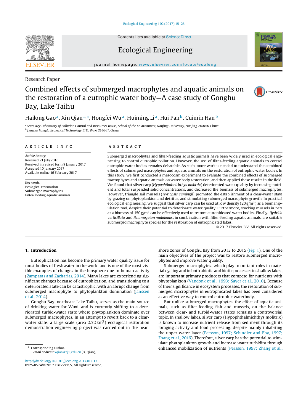 Research PaperCombined effects of submerged macrophytes and aquatic animals on the restoration of a eutrophic water body-A case study of Gonghu Bay, Lake Taihu