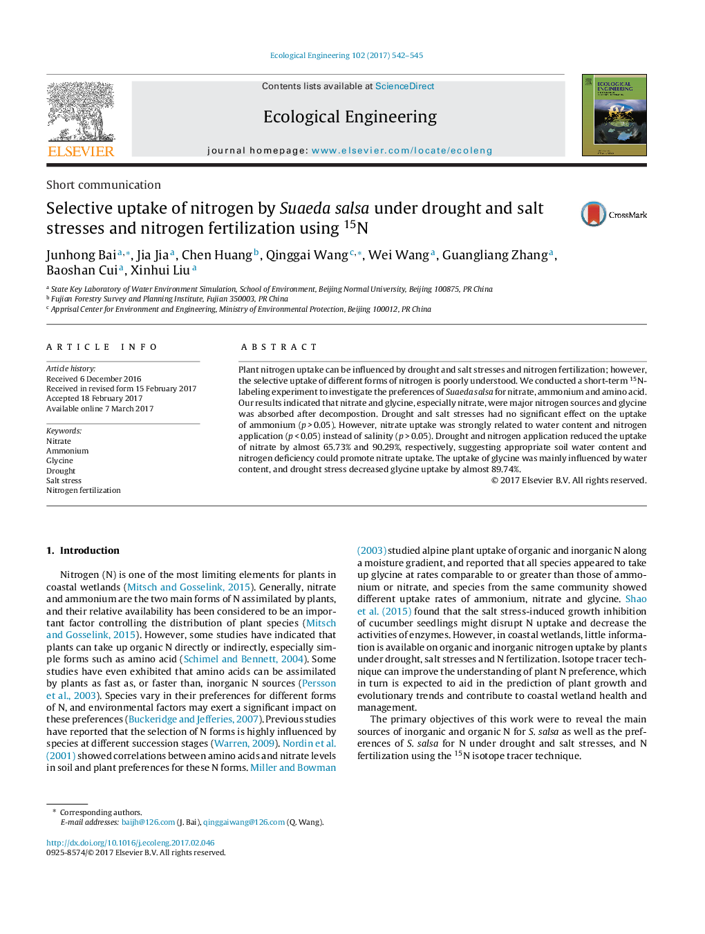 Short communicationSelective uptake of nitrogen by Suaeda salsa under drought and salt stresses and nitrogen fertilization using 15N