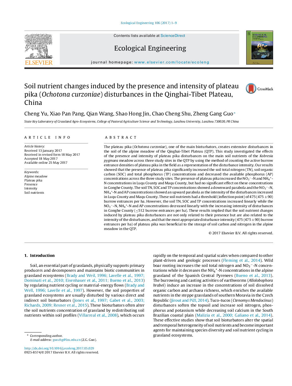 Soil nutrient changes induced by the presence and intensity of plateau pika (Ochotona curzoniae) disturbances in the Qinghai-Tibet Plateau, China