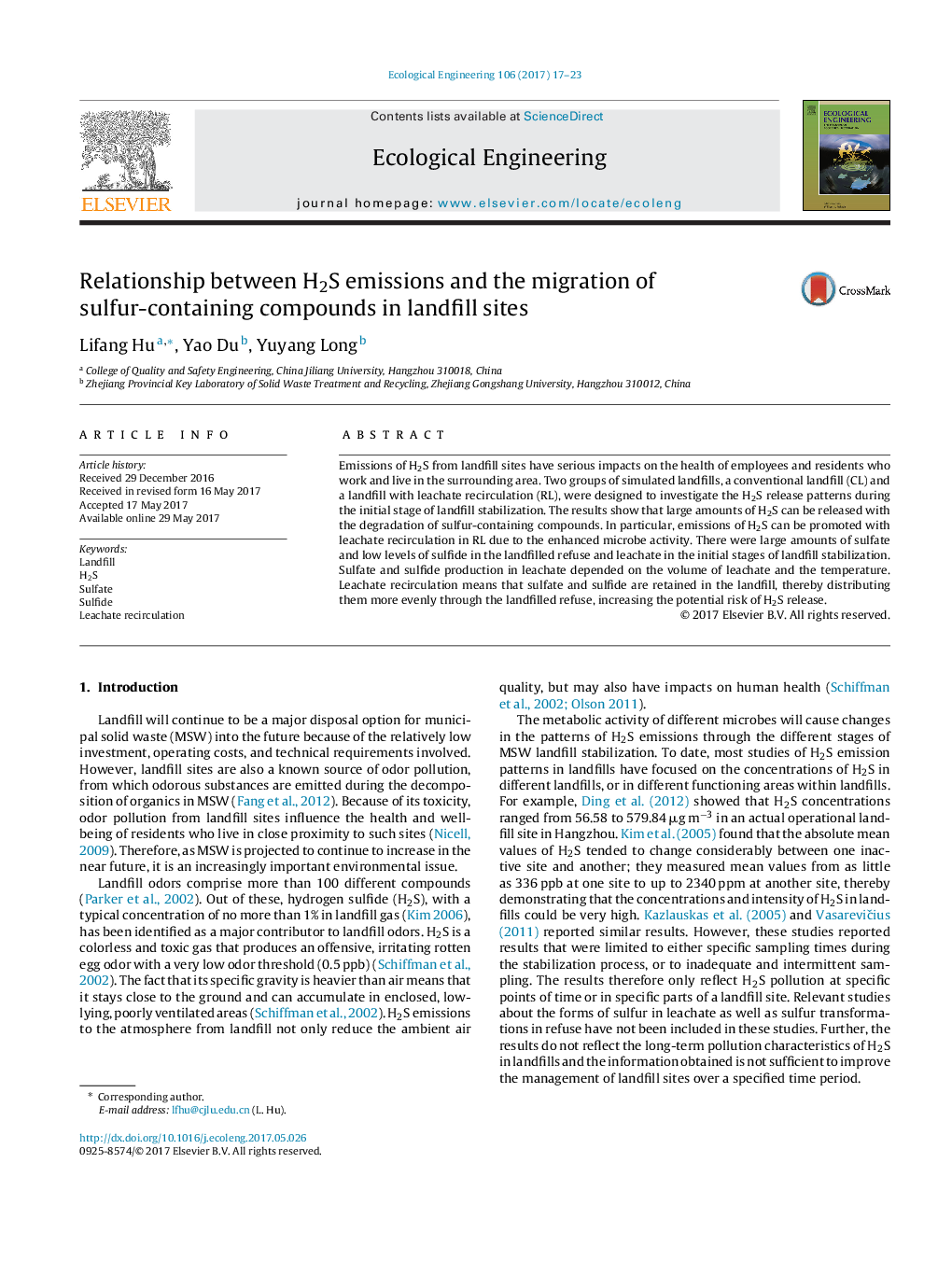 Relationship between H2S emissions and the migration of sulfur-containing compounds in landfill sites