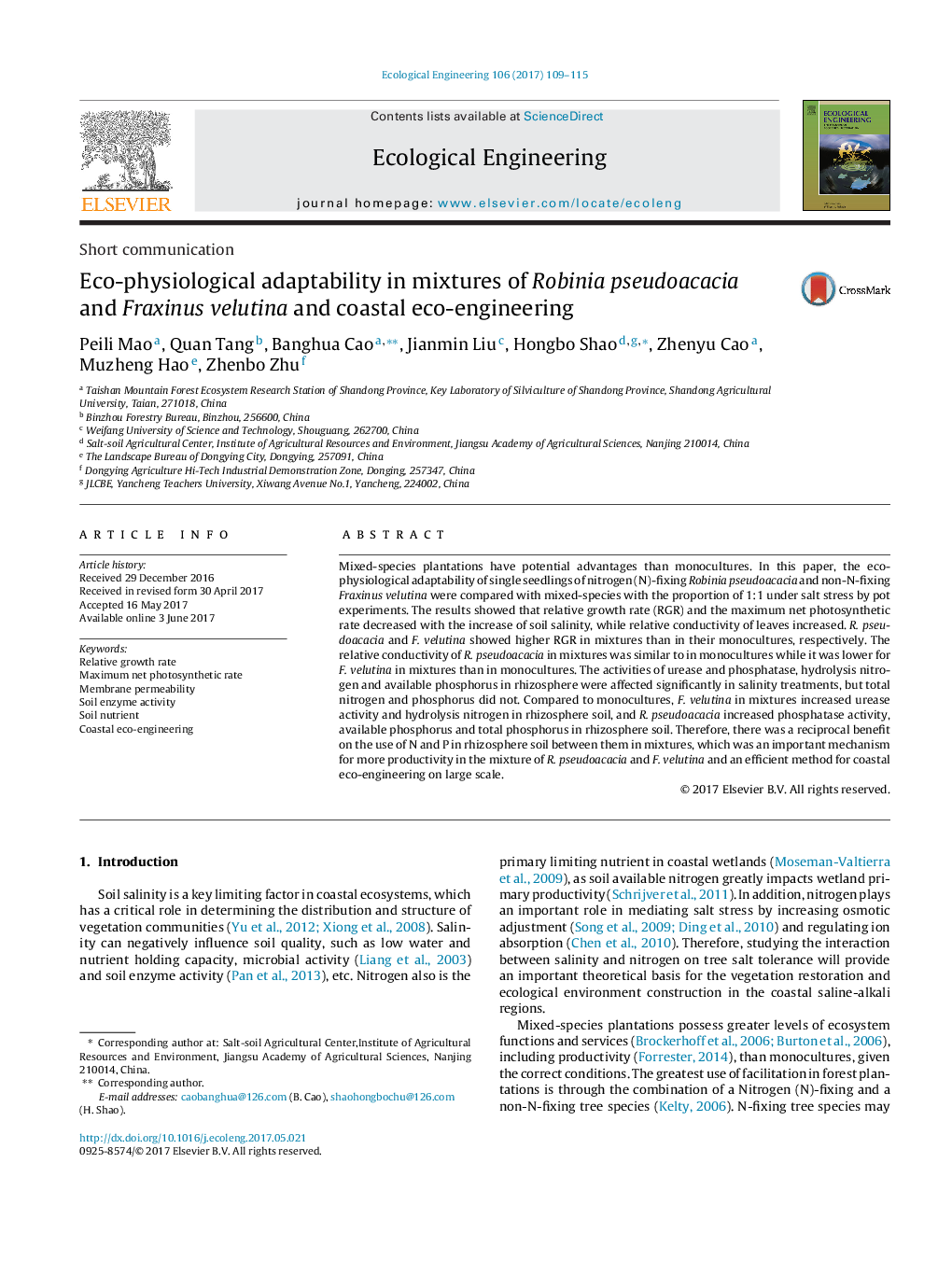 Short communicationEco-physiological adaptability in mixtures of Robinia pseudoacacia and Fraxinus velutina and coastal eco-engineering