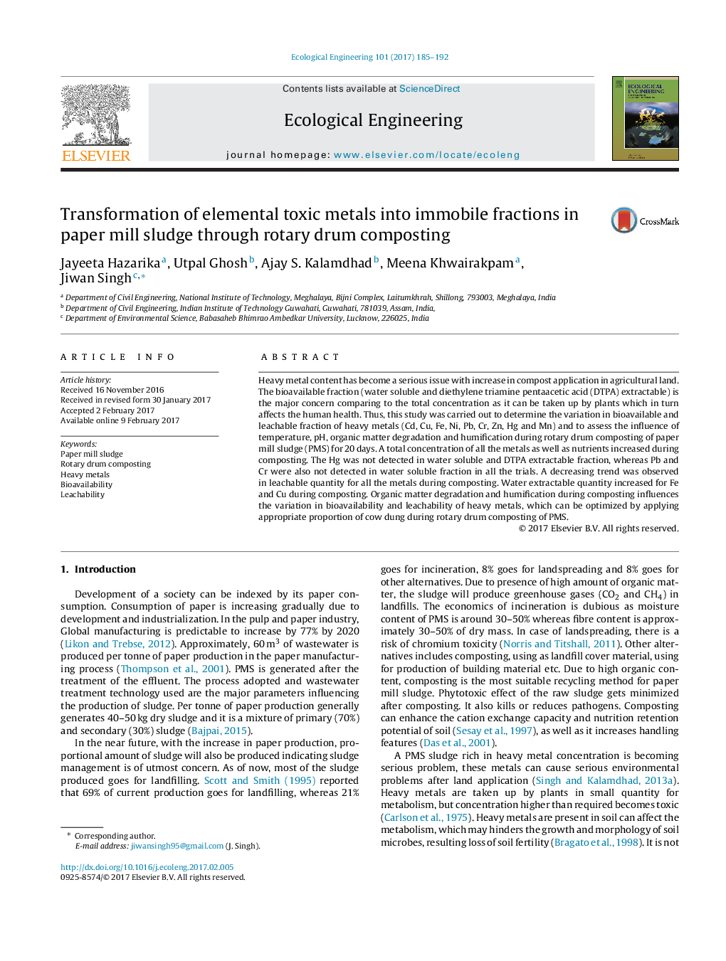 Transformation of elemental toxic metals into immobile fractions in paper mill sludge through rotary drum composting