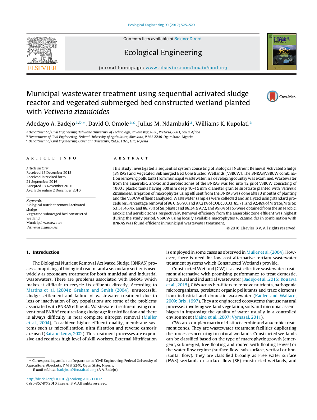 Municipal wastewater treatment using sequential activated sludge reactor and vegetated submerged bed constructed wetland planted with Vetiveria zizanioides