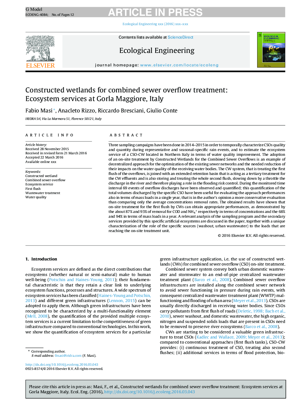 Constructed wetlands for combined sewer overflow treatment: Ecosystem services at Gorla Maggiore, Italy