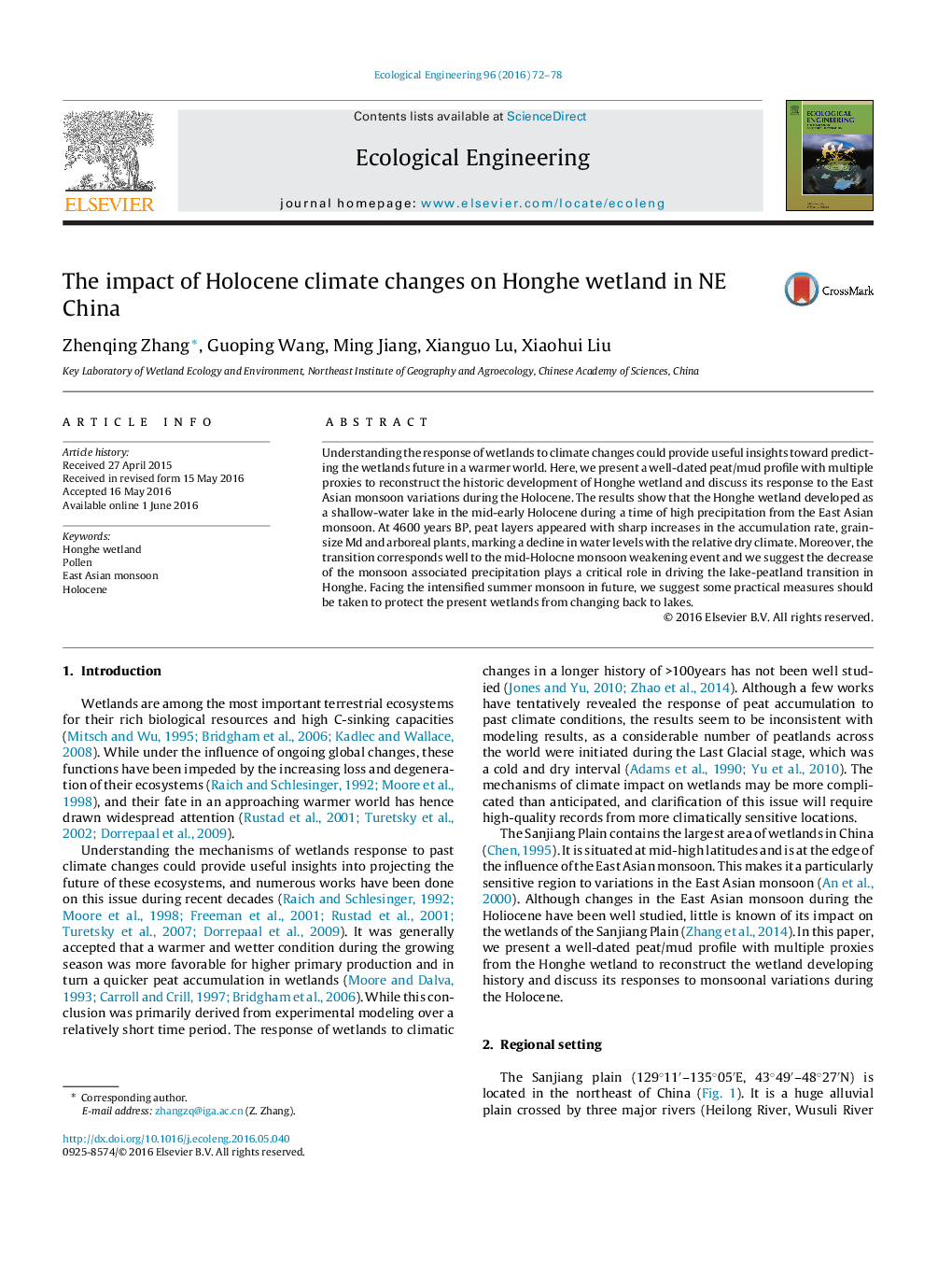 The impact of Holocene climate changes on Honghe wetland in NE China