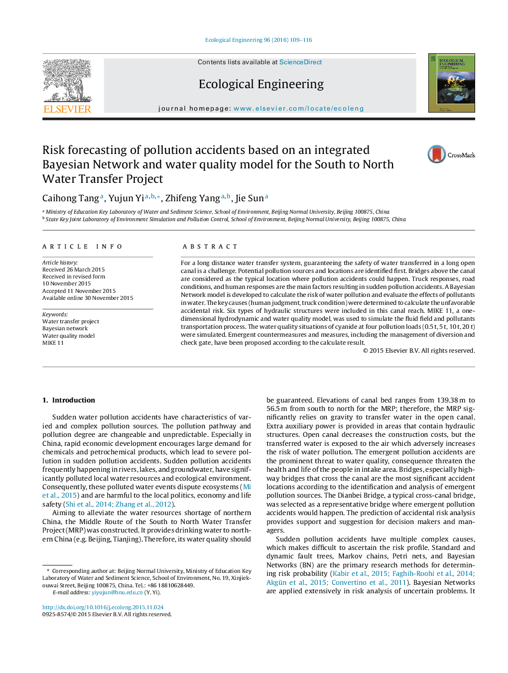 Risk forecasting of pollution accidents based on an integrated Bayesian Network and water quality model for the South to North Water Transfer Project