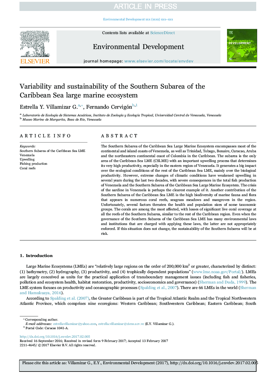 Variability and sustainability of the Southern Subarea of the Caribbean Sea large marine ecosystem