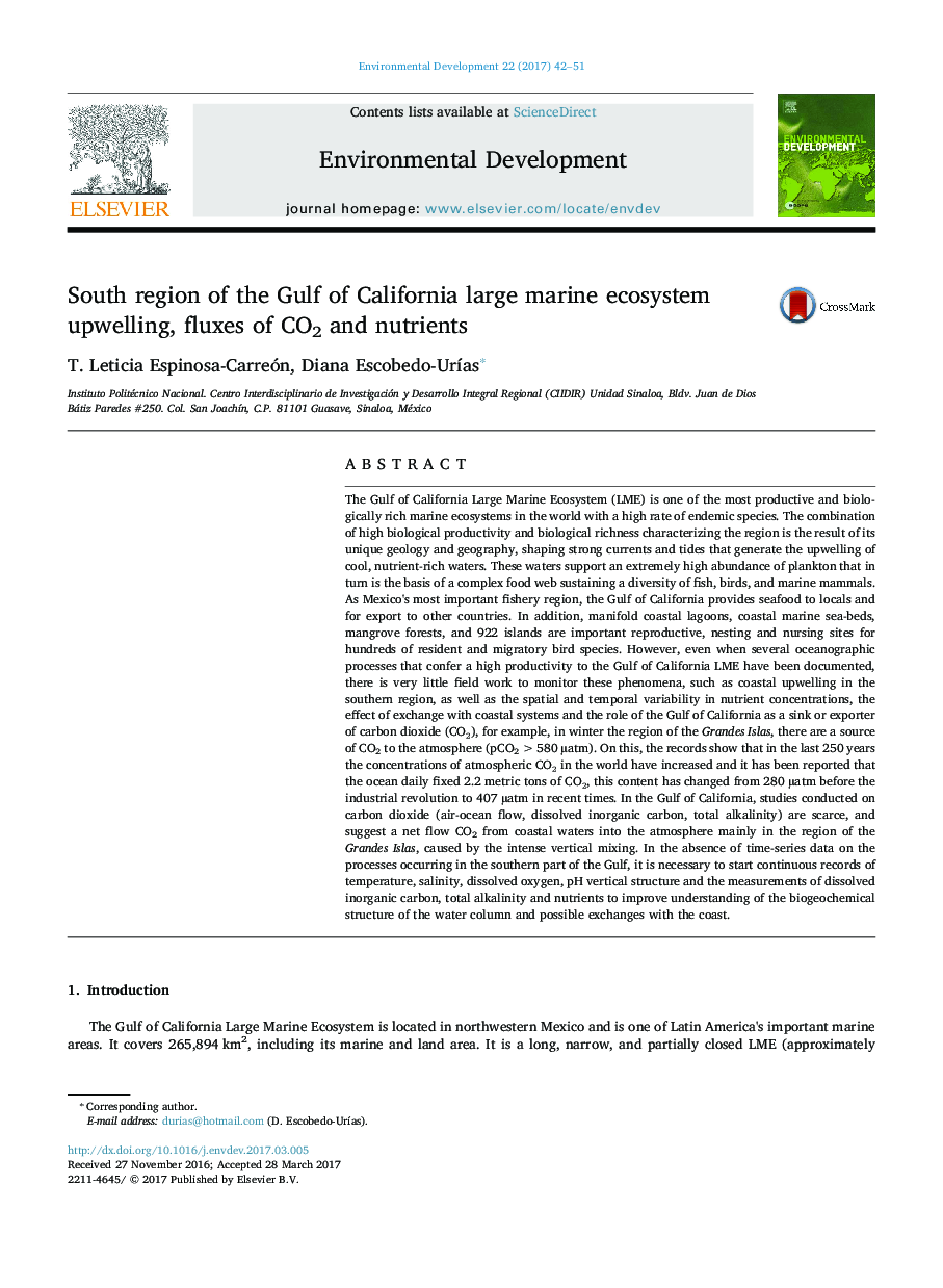 South region of the Gulf of California large marine ecosystem upwelling, fluxes of CO2 and nutrients