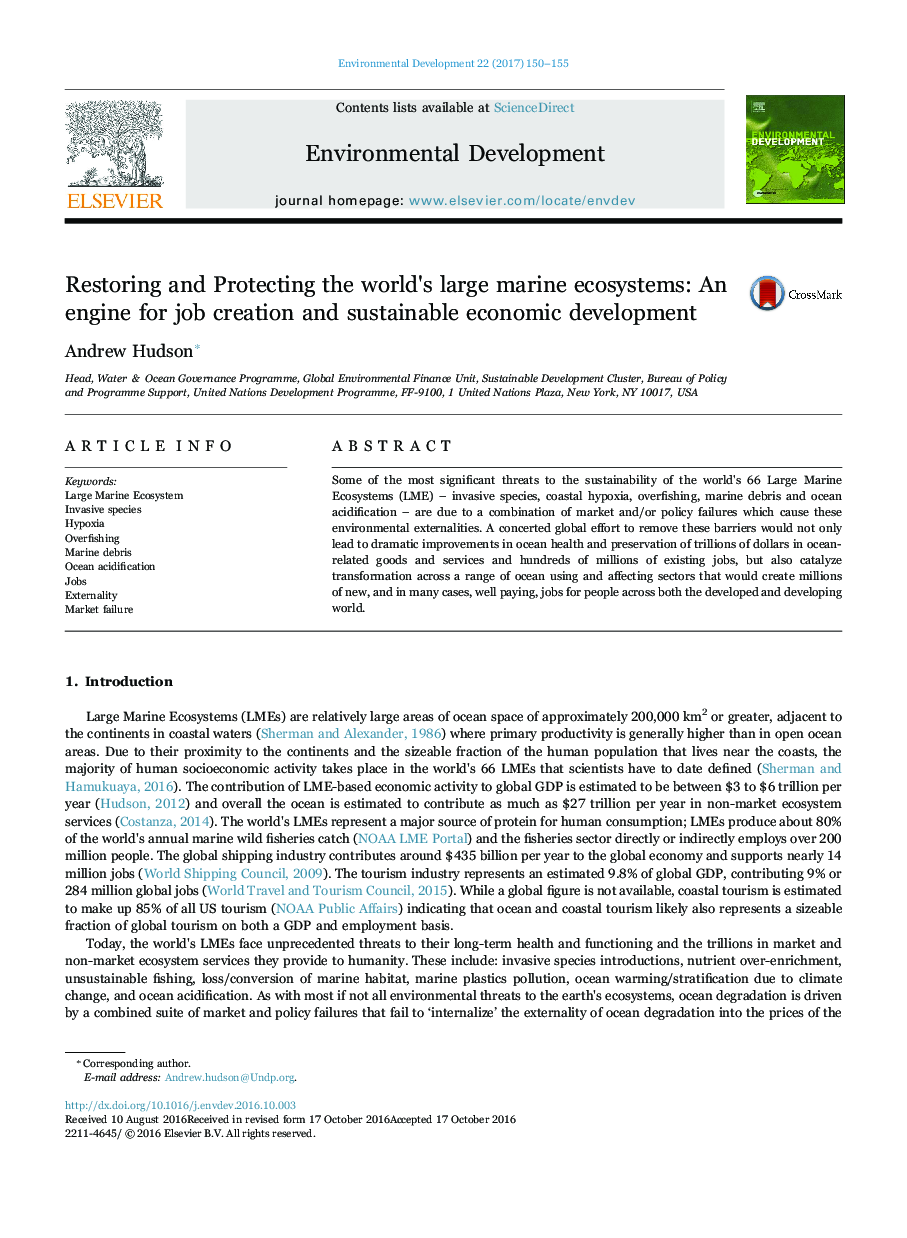 Restoring and Protecting the world's large marine ecosystems: An engine for job creation and sustainable economic development