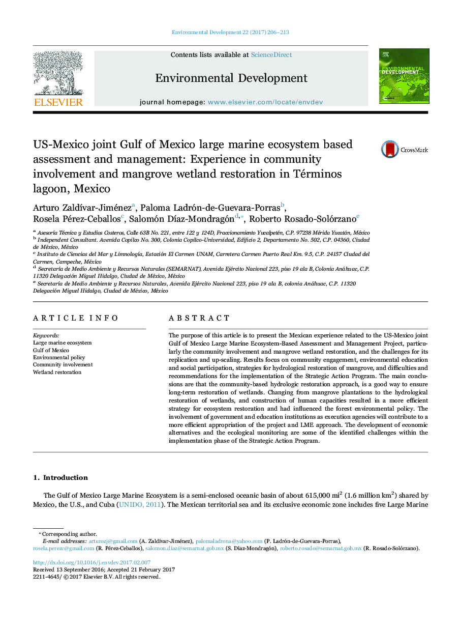 US-Mexico joint Gulf of Mexico large marine ecosystem based assessment and management: Experience in community involvement and mangrove wetland restoration in Términos lagoon, Mexico