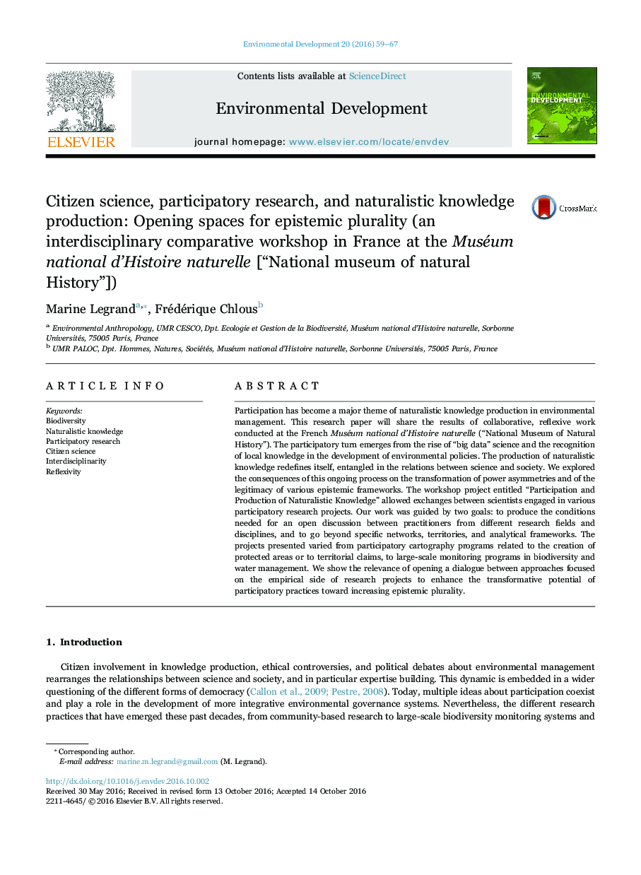 Citizen science, participatory research, and naturalistic knowledge production: Opening spaces for epistemic plurality (an interdisciplinary comparative workshop in France at the Muséum national d'Histoire naturelle [“National museum of natural Histo