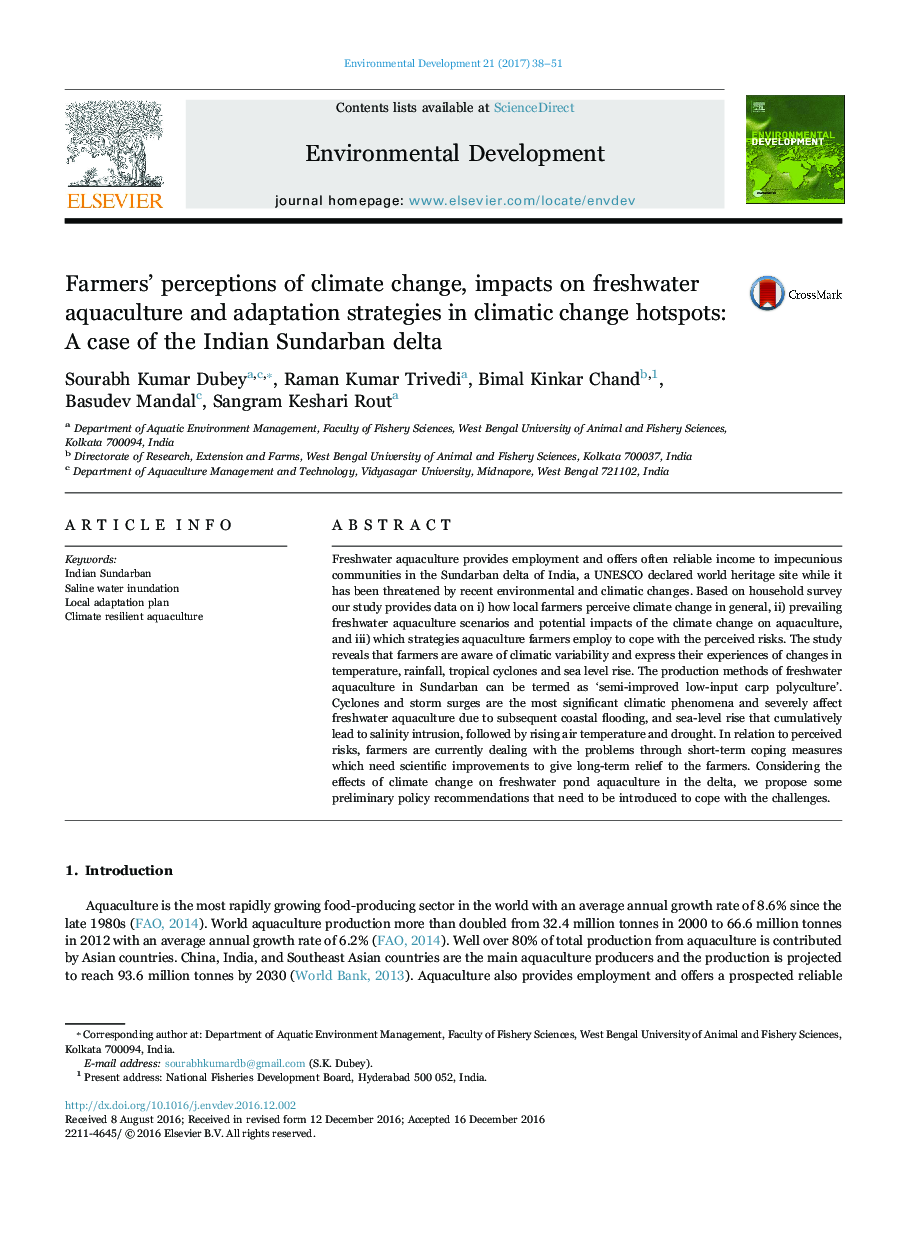 Farmers' perceptions of climate change, impacts on freshwater aquaculture and adaptation strategies in climatic change hotspots: A case of the Indian Sundarban delta