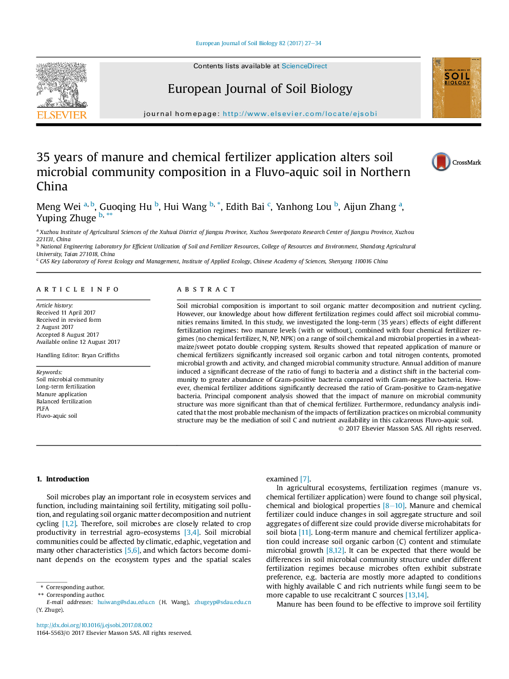 35 years of manure and chemical fertilizer application alters soil microbial community composition in a Fluvo-aquic soil in Northern China