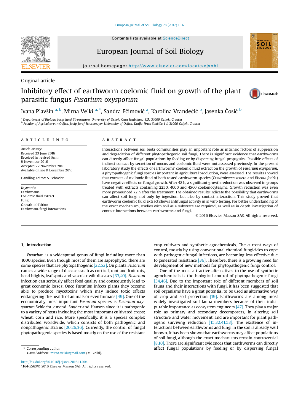 Original articleInhibitory effect of earthworm coelomic fluid on growth of the plant parasitic fungus Fusarium oxysporum