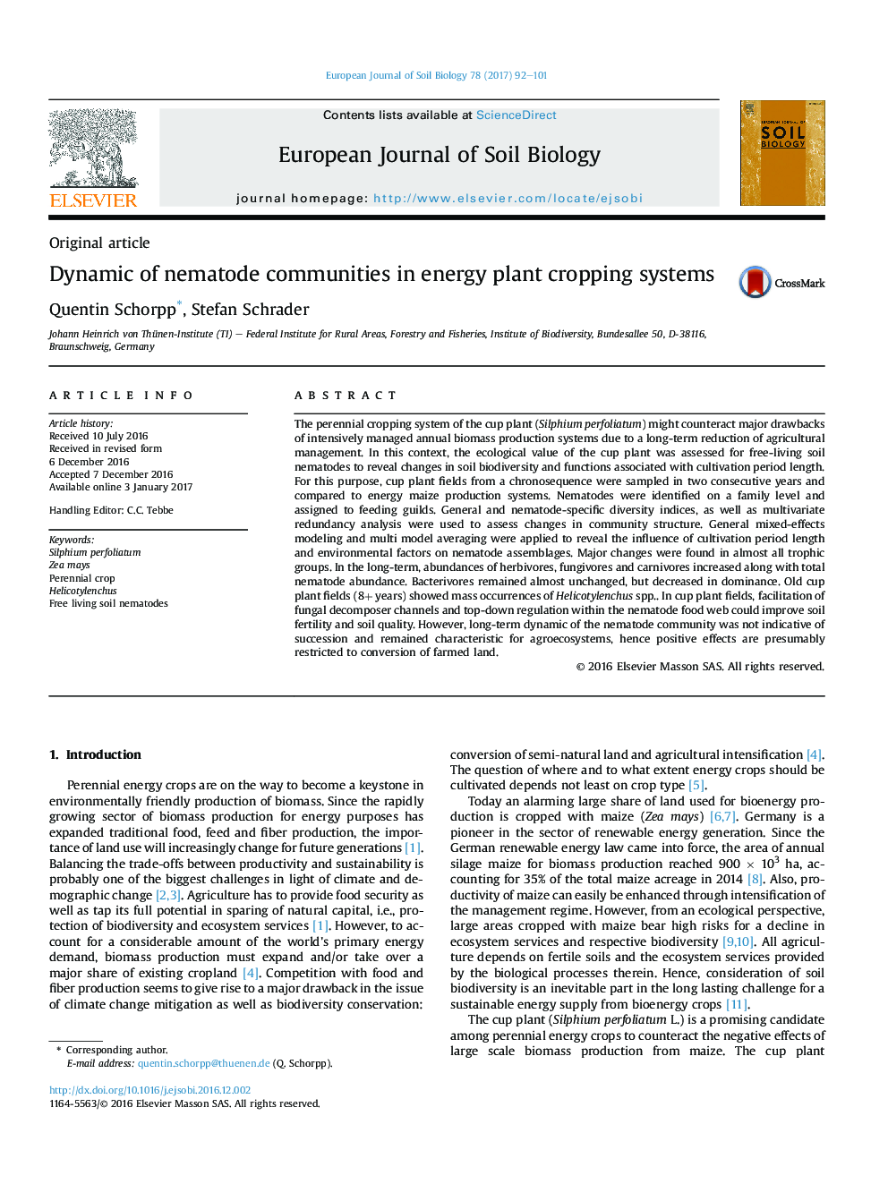 Original articleDynamic of nematode communities in energy plant cropping systems