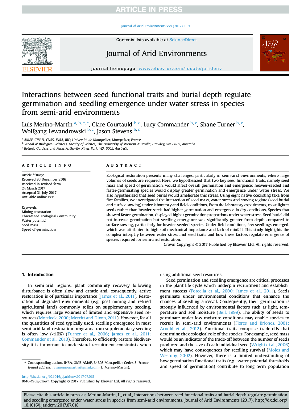 Interactions between seed functional traits and burial depth regulate germination and seedling emergence under water stress in species from semi-arid environments