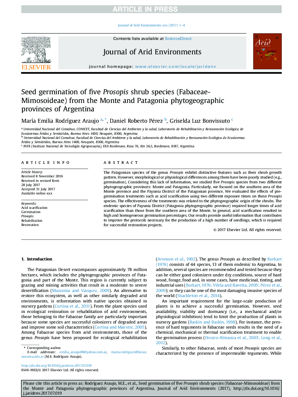 Seed germination of five Prosopis shrub species (Fabaceae-Mimosoideae) from the Monte and Patagonia phytogeographic provinces of Argentina