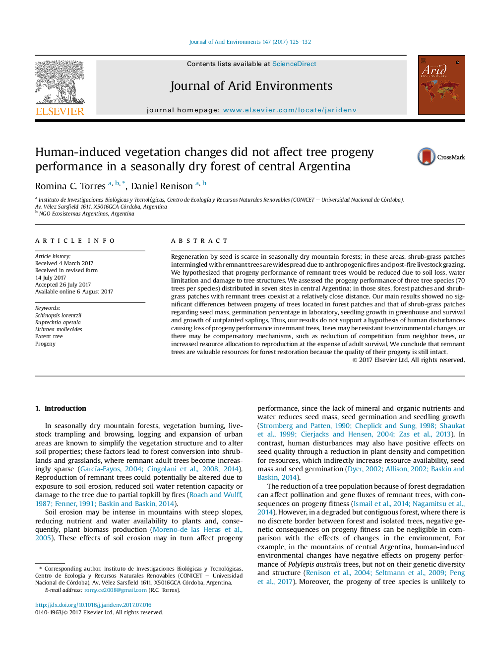 Human-induced vegetation changes did not affect tree progeny performance in a seasonally dry forest of central Argentina