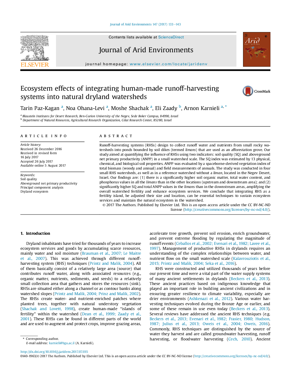 Ecosystem effects of integrating human-made runoff-harvesting systems into natural dryland watersheds