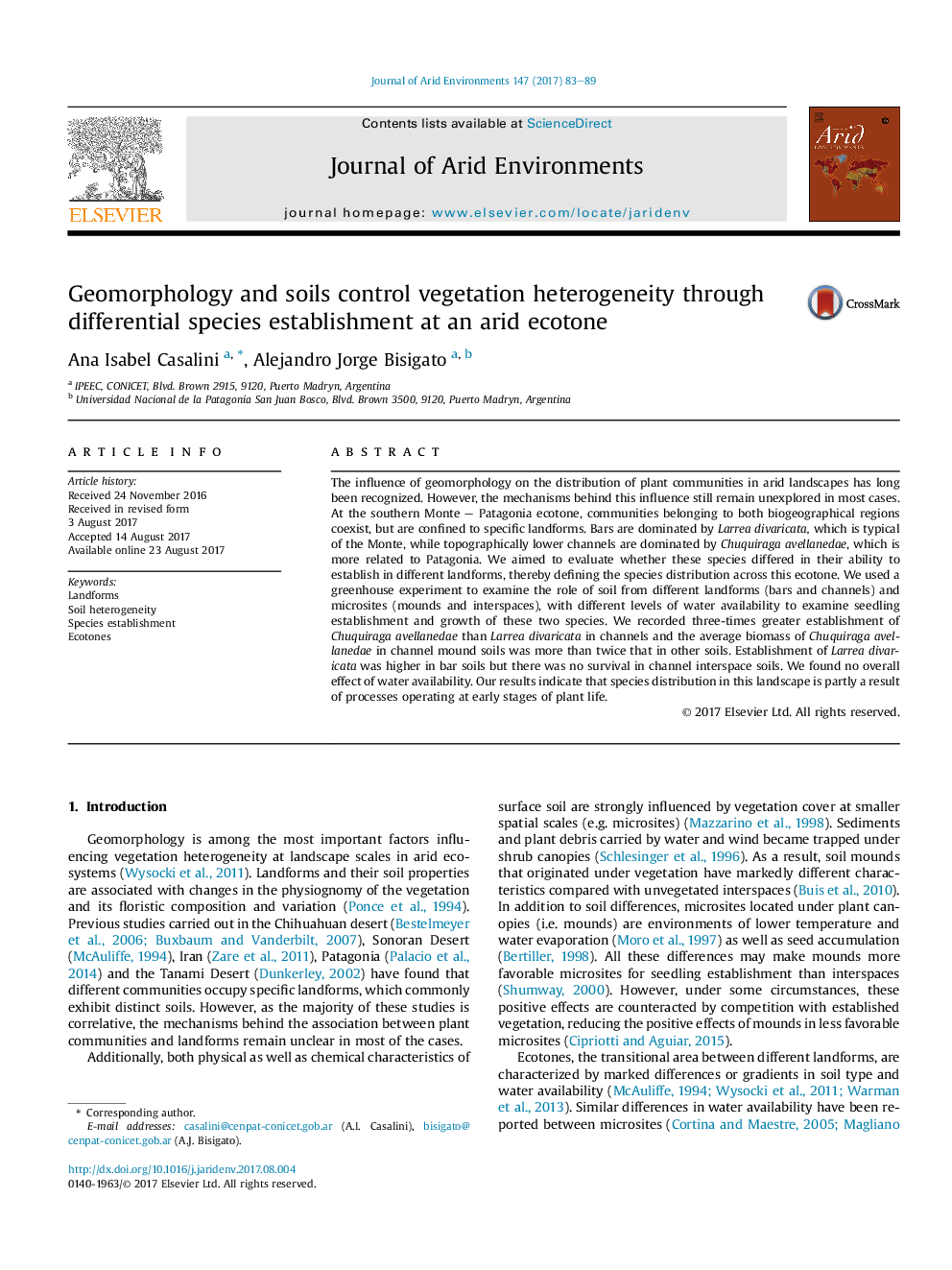 Geomorphology and soils control vegetation heterogeneity through differential species establishment at an arid ecotone