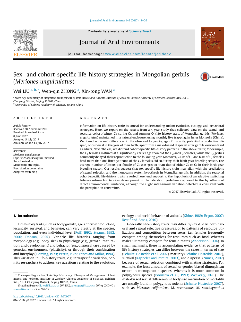 Sex- and cohort-specific life-history strategies in Mongolian gerbils (Meriones unguiculatus)