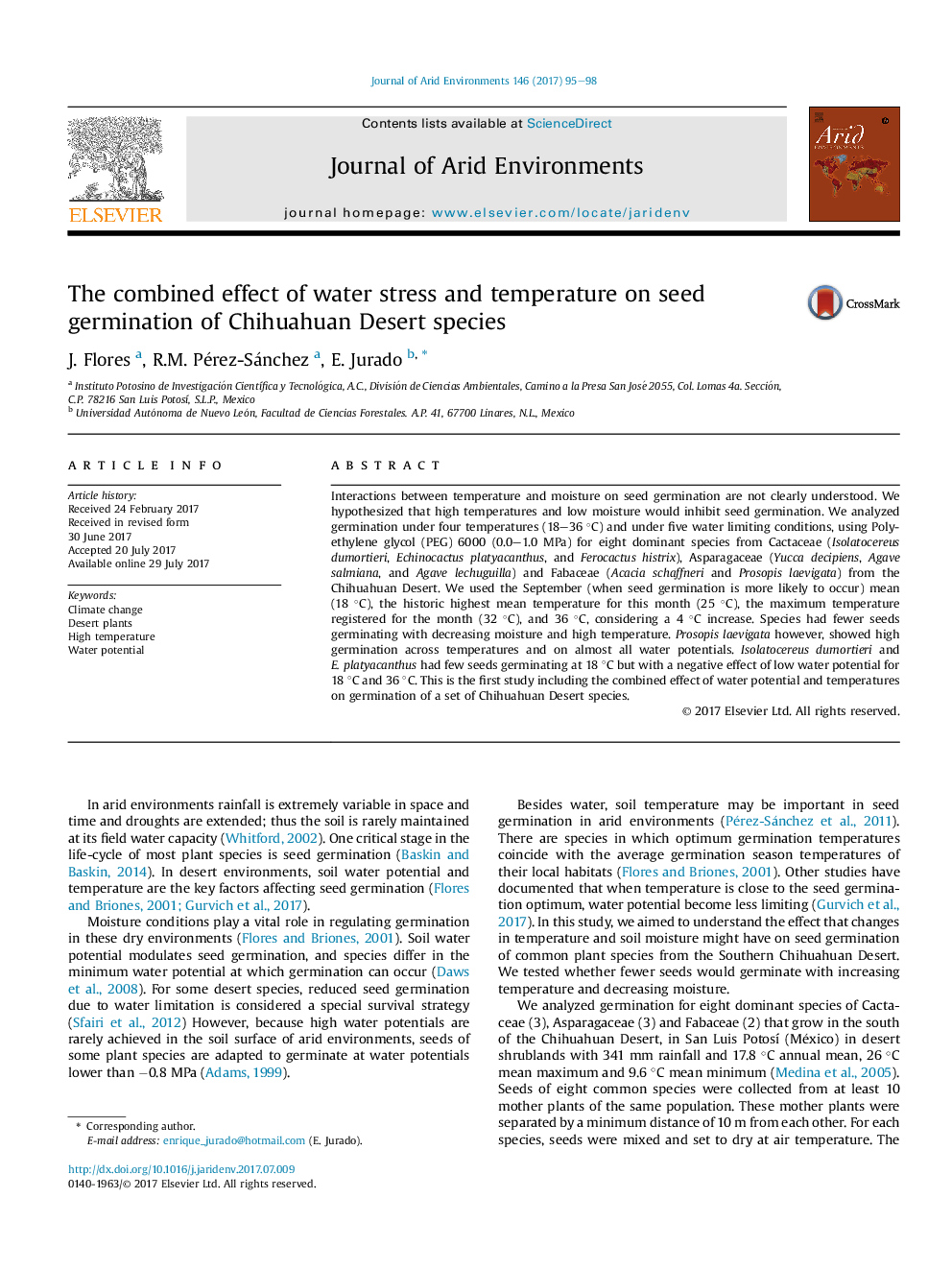 The combined effect of water stress and temperature on seed germination of Chihuahuan Desert species