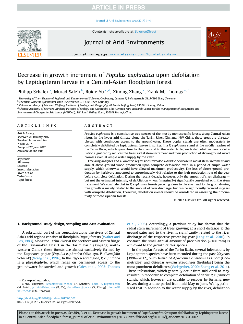 Decrease in growth increment of Populus euphratica upon defoliation by Lepidopteran larvae in a Central-Asian floodplain forest