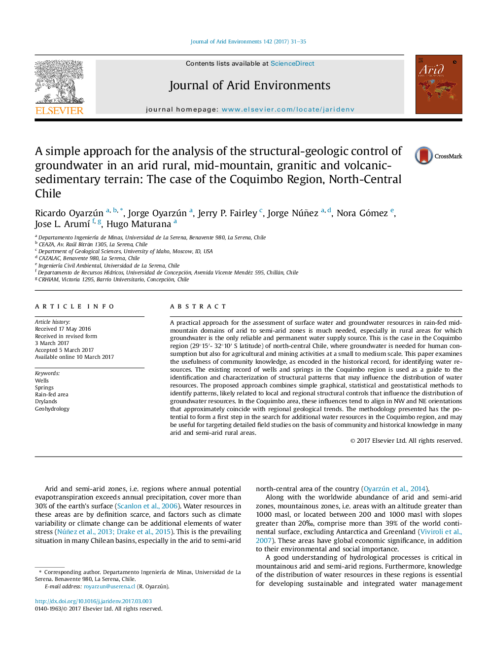 A simple approach for the analysis of the structural-geologic control of groundwater in an arid rural, mid-mountain, granitic and volcanic-sedimentary terrain: The case of the Coquimbo Region, North-Central Chile