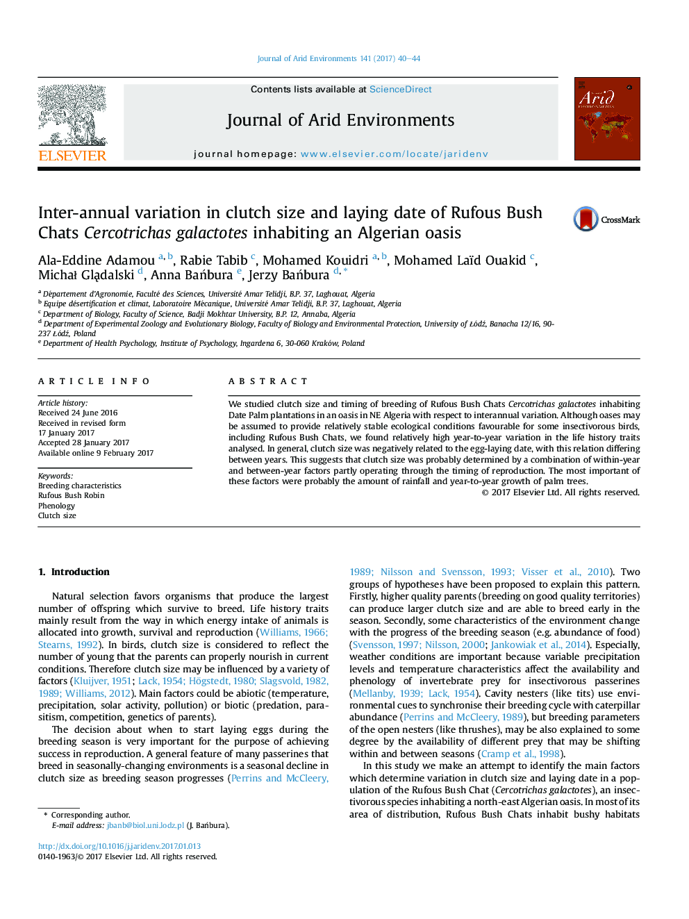 Inter-annual variation in clutch size and laying date of Rufous Bush Chats Cercotrichas galactotes inhabiting an Algerian oasis