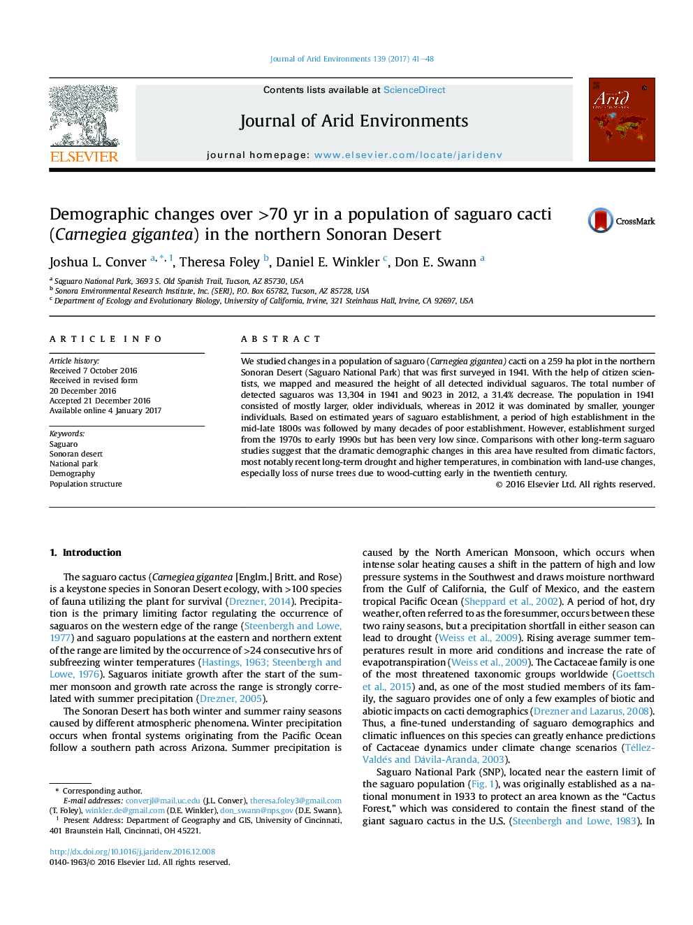 Demographic changes over >70Â yr in a population of saguaro cacti (Carnegiea gigantea) in the northern Sonoran Desert