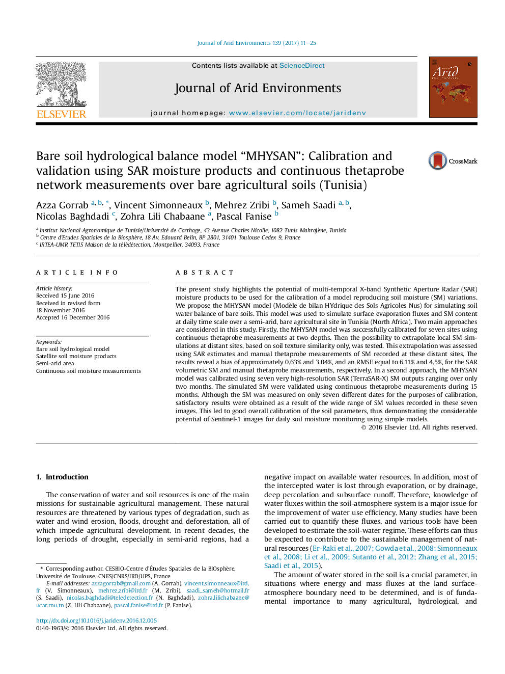 Bare soil hydrological balance model “MHYSAN”: Calibration and validation using SAR moisture products and continuous thetaprobe network measurements over bare agricultural soils (Tunisia)