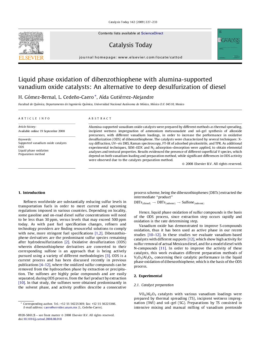 Liquid phase oxidation of dibenzothiophene with alumina-supported vanadium oxide catalysts: An alternative to deep desulfurization of diesel