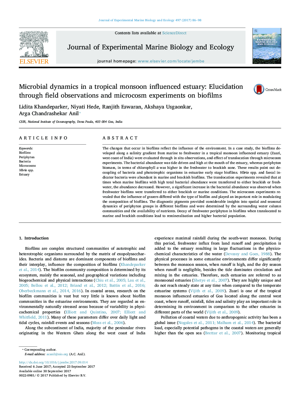 Microbial dynamics in a tropical monsoon influenced estuary: Elucidation through field observations and microcosm experiments on biofilms