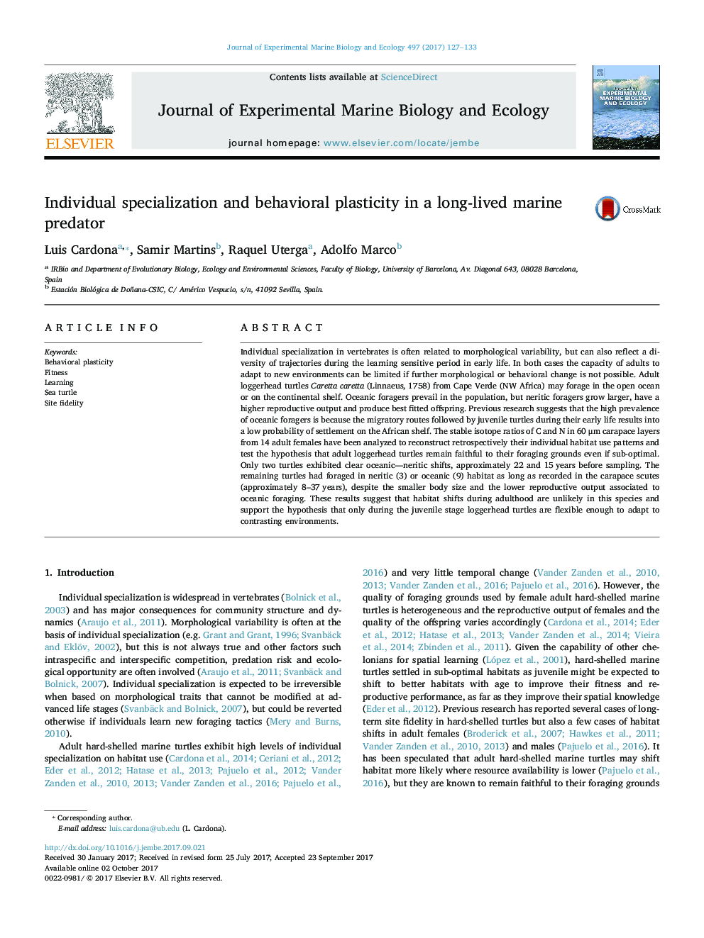 Individual specialization and behavioral plasticity in a long-lived marine predator