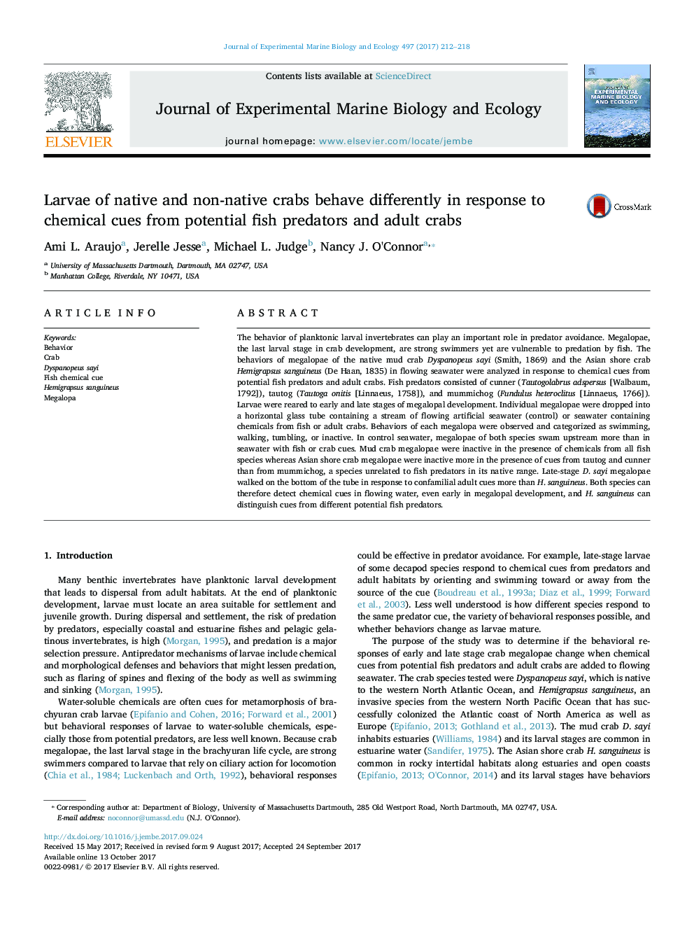 Larvae of native and non-native crabs behave differently in response to chemical cues from potential fish predators and adult crabs