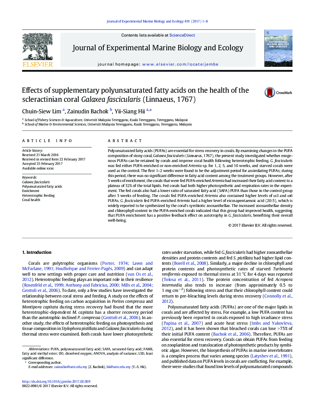 Effects of supplementary polyunsaturated fatty acids on the health of the scleractinian coral Galaxea fascicularis (Linnaeus, 1767)