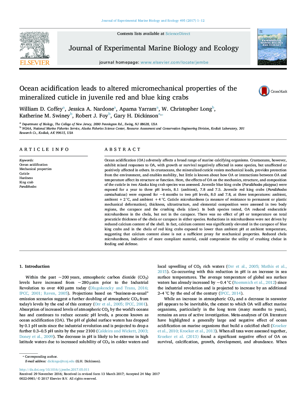 Ocean acidification leads to altered micromechanical properties of the mineralized cuticle in juvenile red and blue king crabs