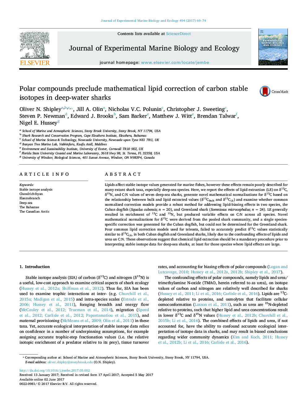 Polar compounds preclude mathematical lipid correction of carbon stable isotopes in deep-water sharks