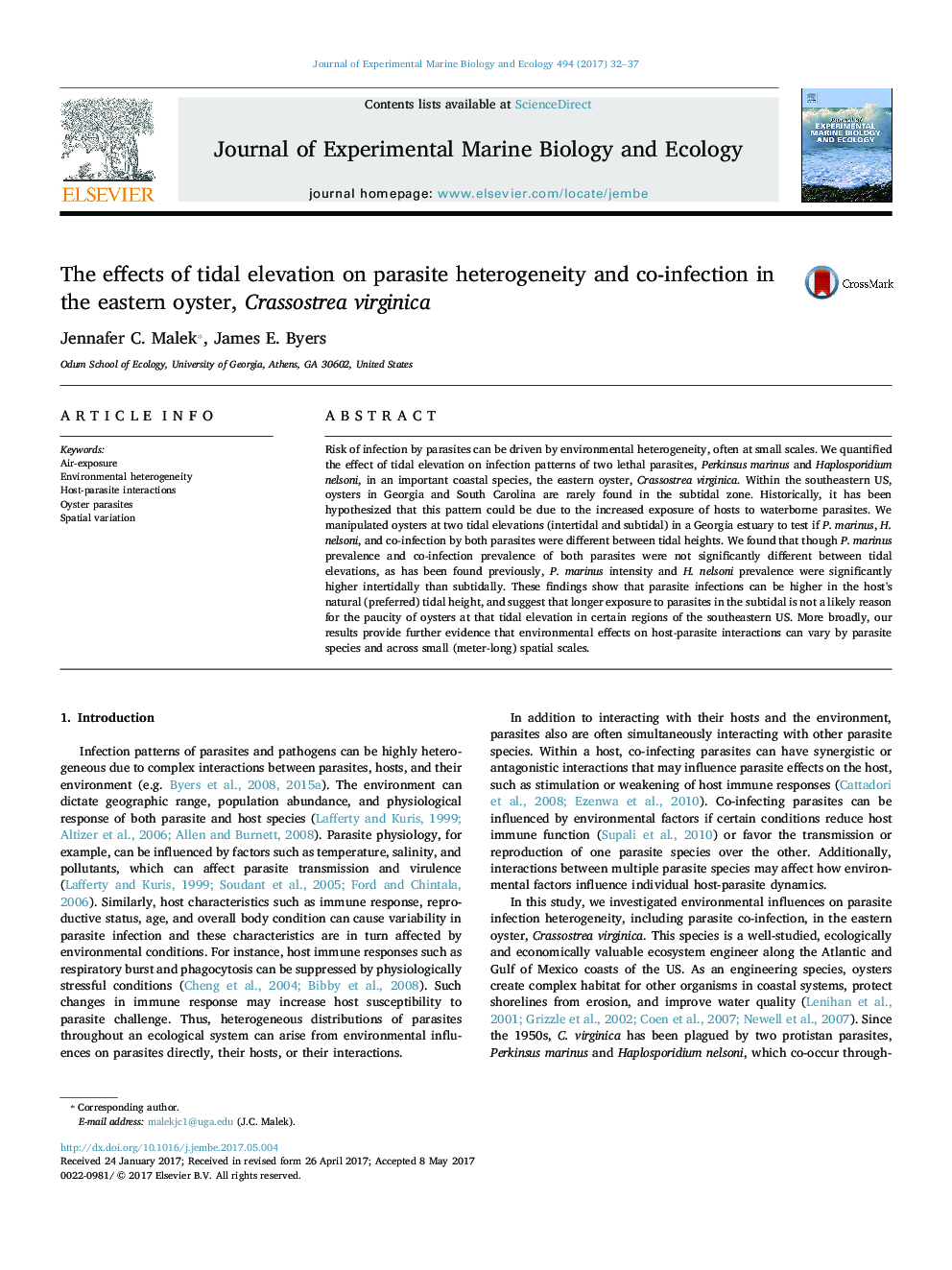 The effects of tidal elevation on parasite heterogeneity and co-infection in the eastern oyster, Crassostrea virginica