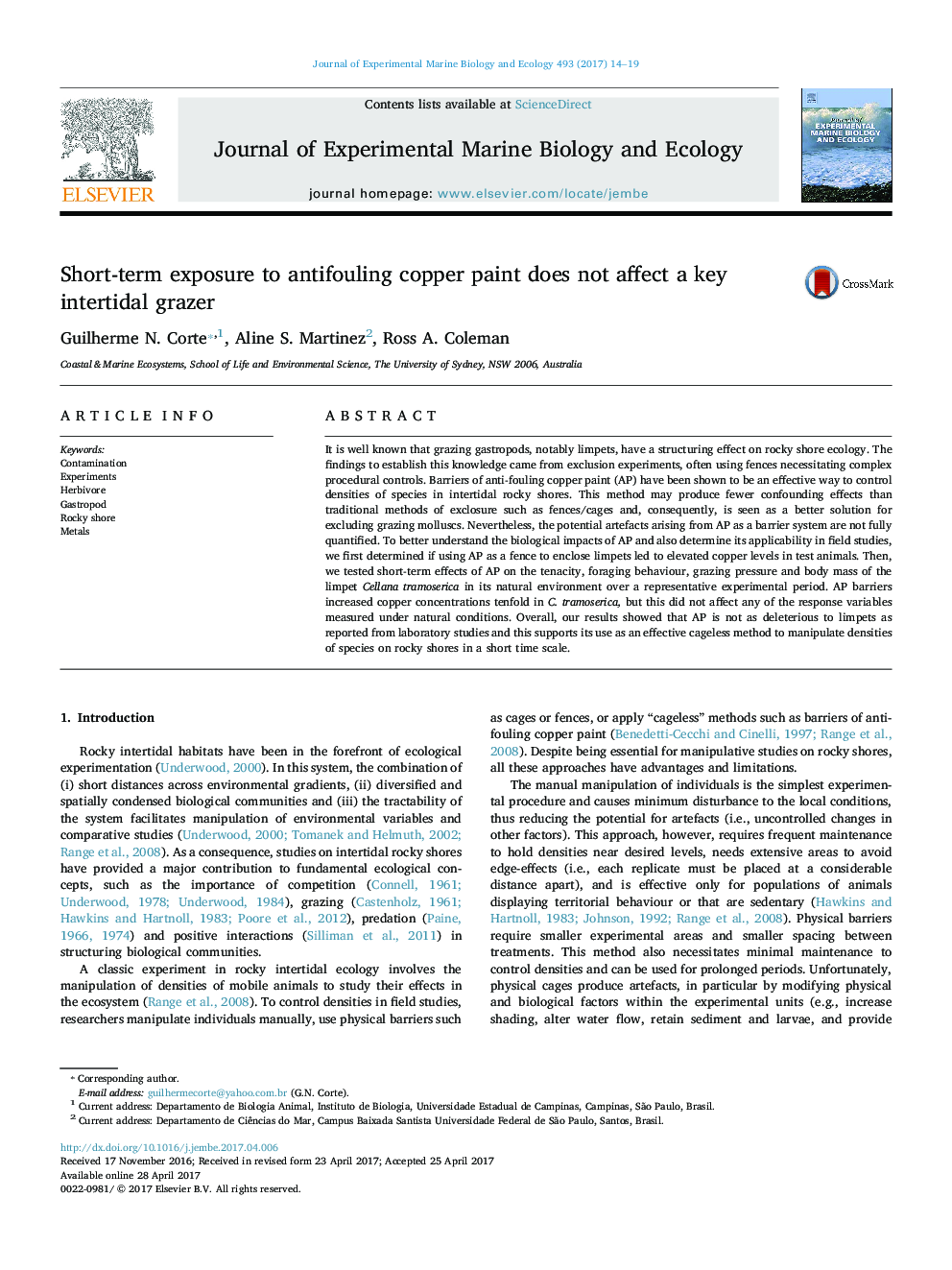 Short-term exposure to antifouling copper paint does not affect a key intertidal grazer
