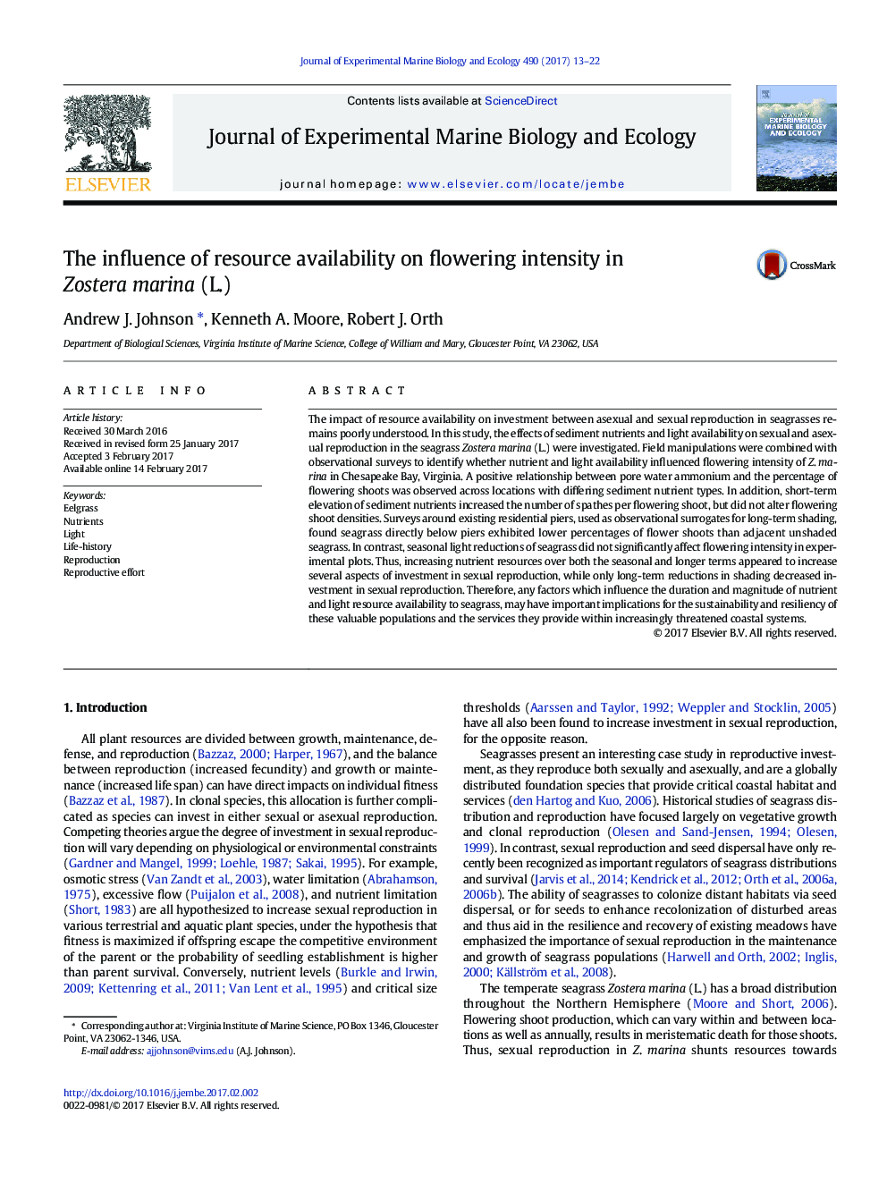 The influence of resource availability on flowering intensity in Zostera marina (L.)