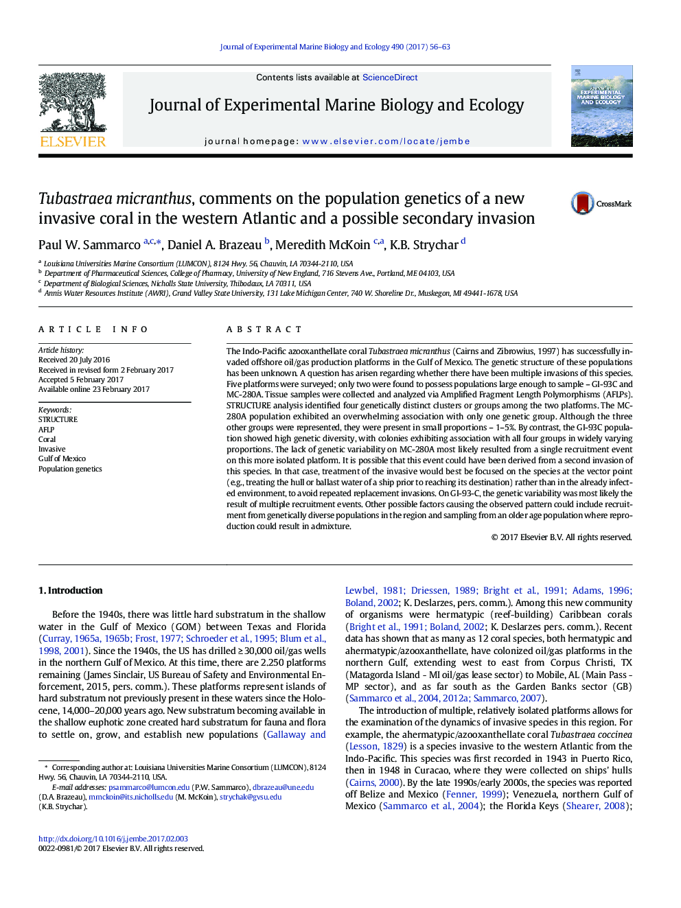 Tubastraea micranthus, comments on the population genetics of a new invasive coral in the western Atlantic and a possible secondary invasion