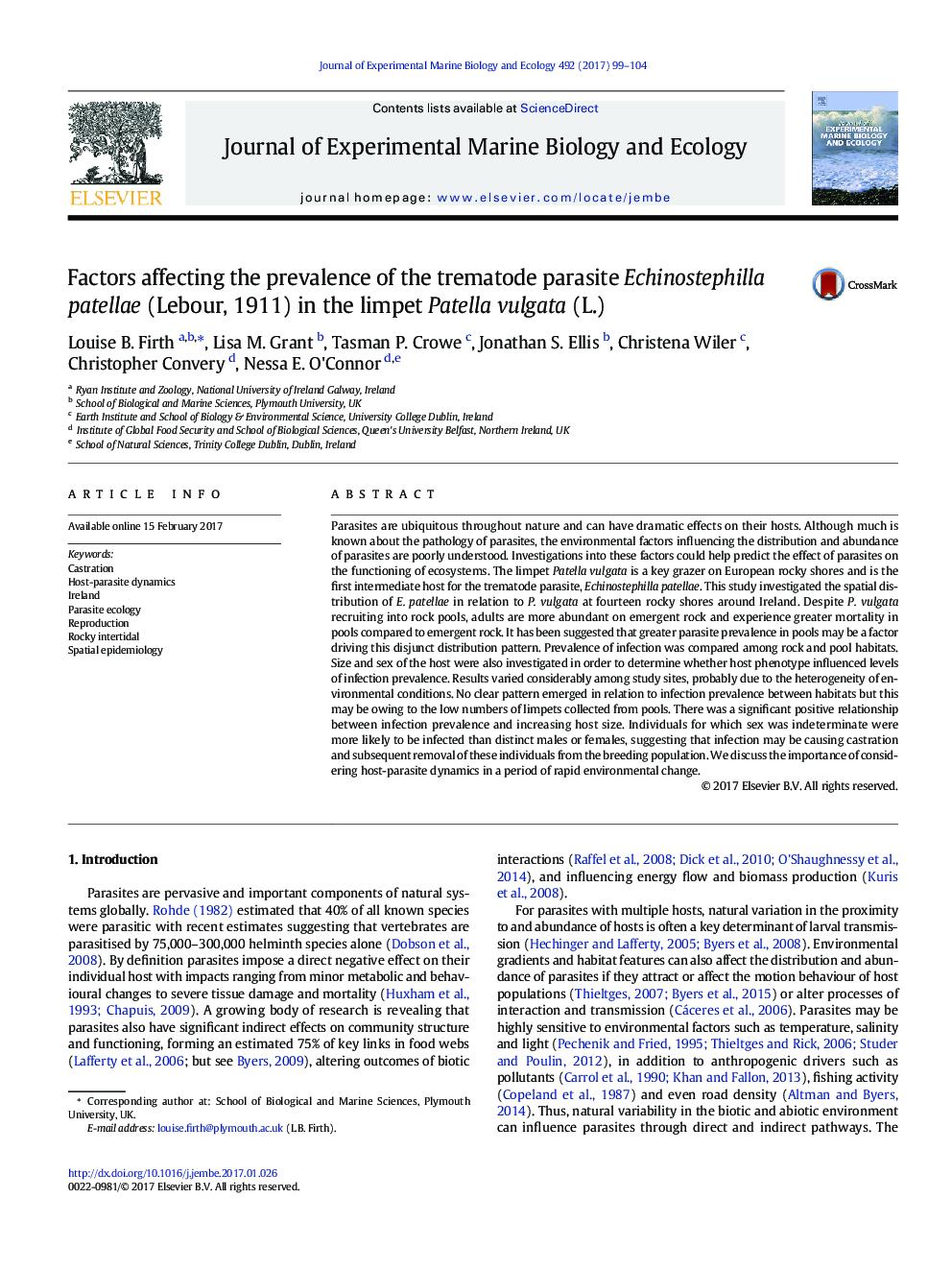 Factors affecting the prevalence of the trematode parasite Echinostephilla patellae (Lebour, 1911) in the limpet Patella vulgata (L.)