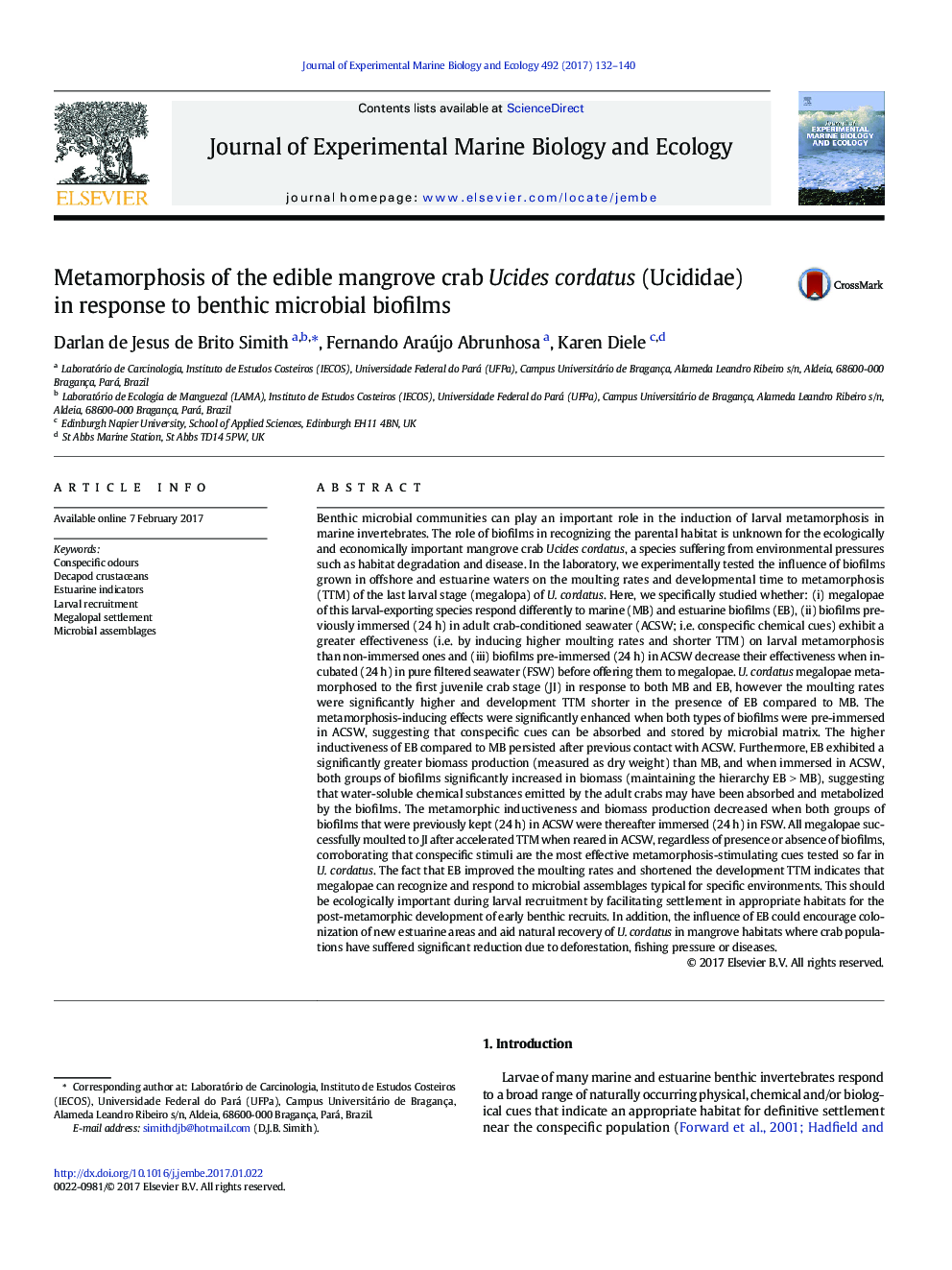 Metamorphosis of the edible mangrove crab Ucides cordatus (Ucididae) in response to benthic microbial biofilms