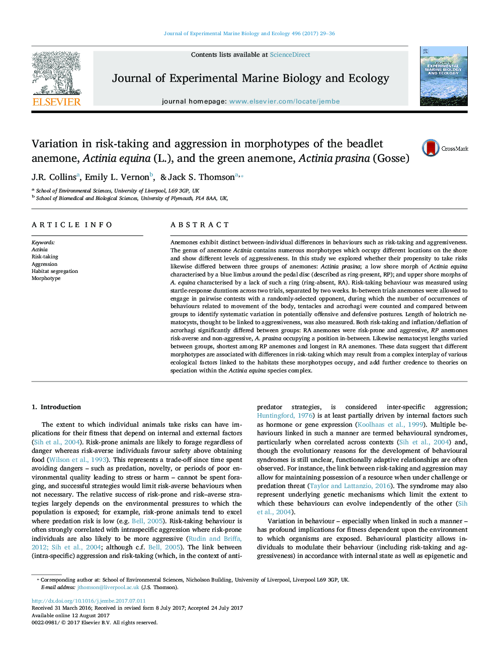 Variation in risk-taking and aggression in morphotypes of the beadlet anemone, Actinia equina (L.), and the green anemone, Actinia prasina (Gosse)