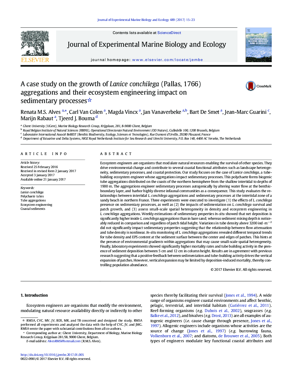 A case study on the growth of Lanice conchilega (Pallas, 1766) aggregations and their ecosystem engineering impact on sedimentary processes